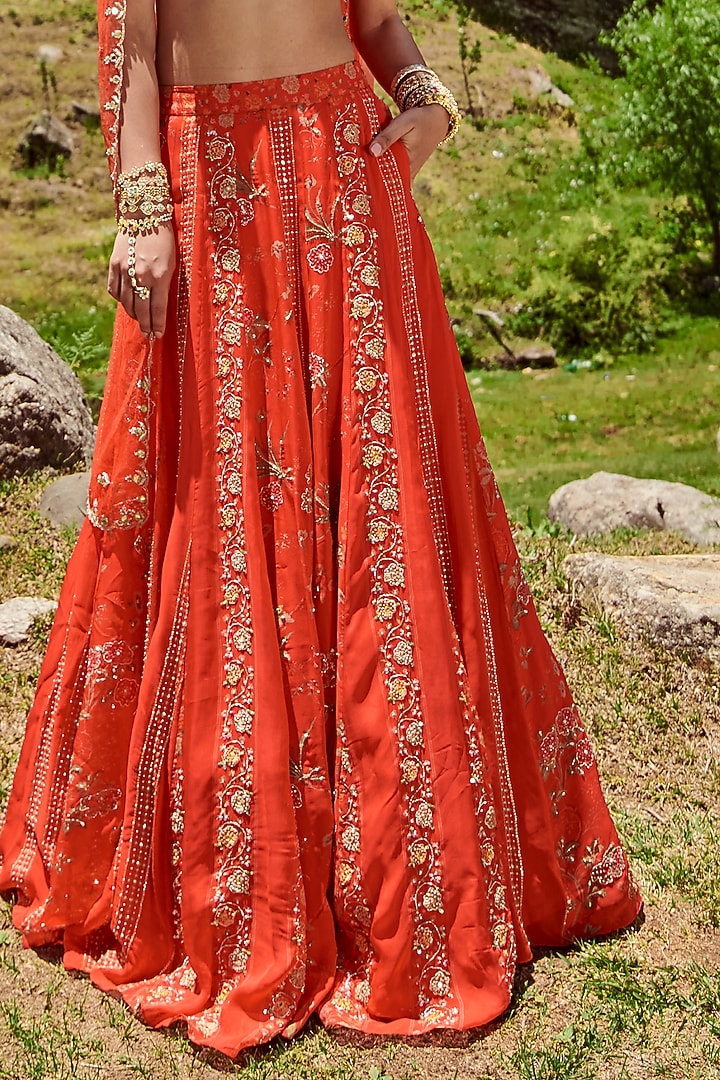 Poppy Red Organza Floral Printed Wedding Lehenga Set by Paulmi & Harsh at Pernia's Pop Up Shop