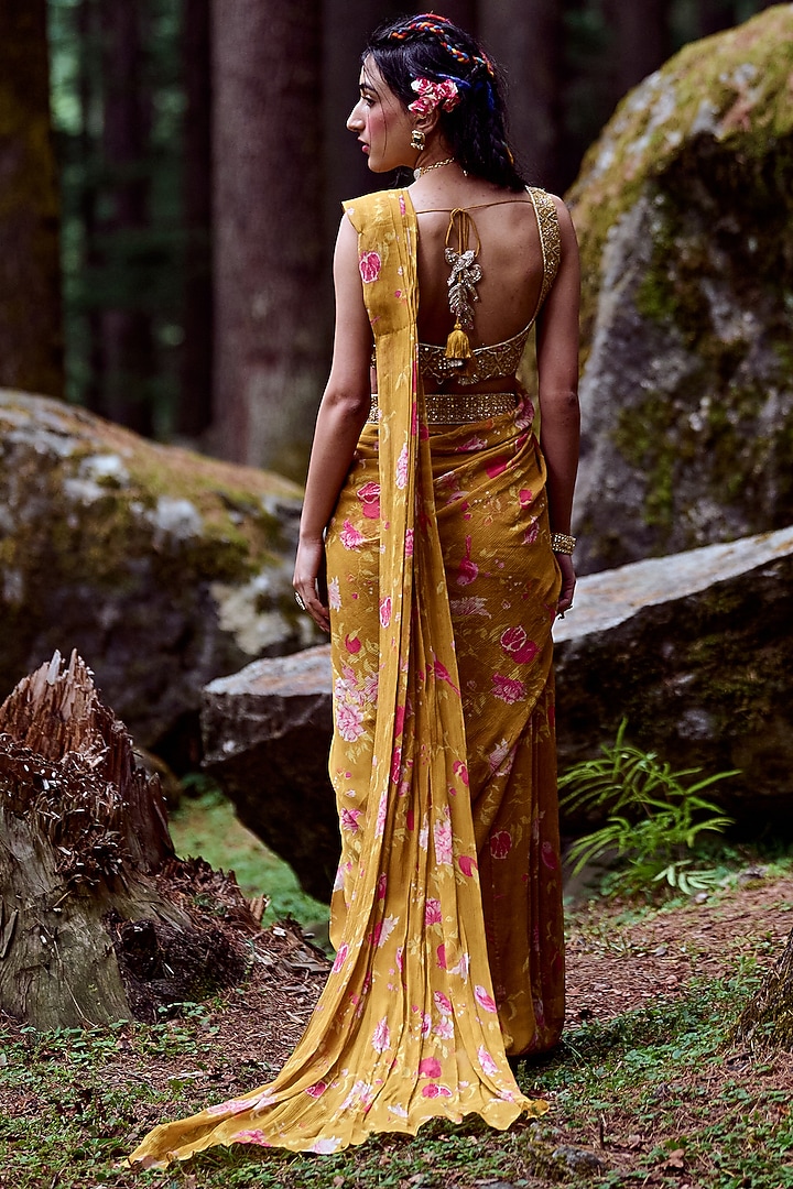 Ochre Yellow Chiffon Printed Pre-Draped Wedding Saree Set by Paulmi & Harsh at Pernia's Pop Up Shop
