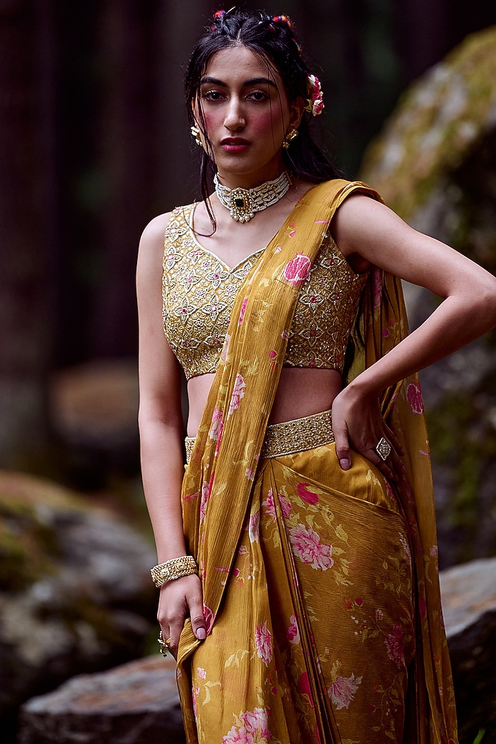 Ochre Yellow Chiffon Printed Pre-Draped Wedding Saree Set by Paulmi & Harsh at Pernia's Pop Up Shop