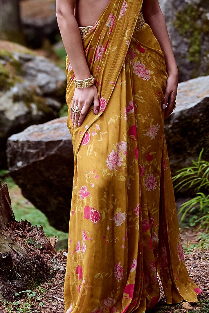 Ochre Yellow Chiffon Printed Pre-Draped Wedding Saree Set by Paulmi & Harsh at Pernia's Pop Up Shop
