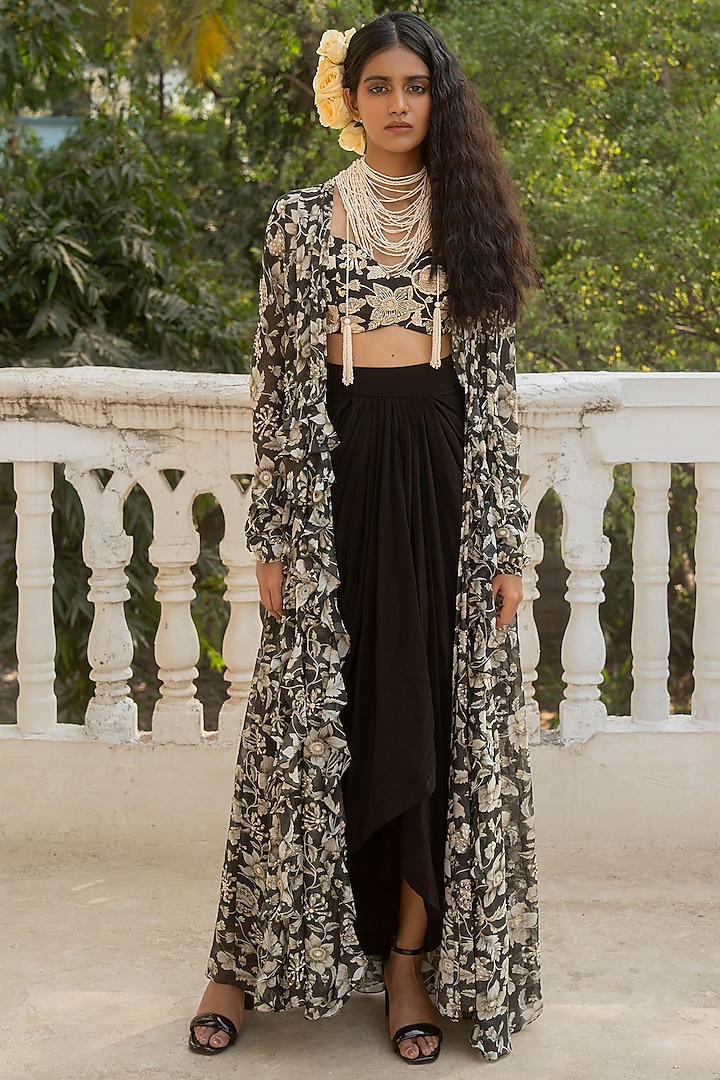 Black Georgette Floral Printed Jacket Set by Paulmi & Harsh at Pernia's Pop Up Shop