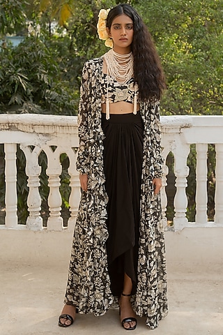 Black Georgette Floral Printed Jacket Set by Paulmi & Harsh