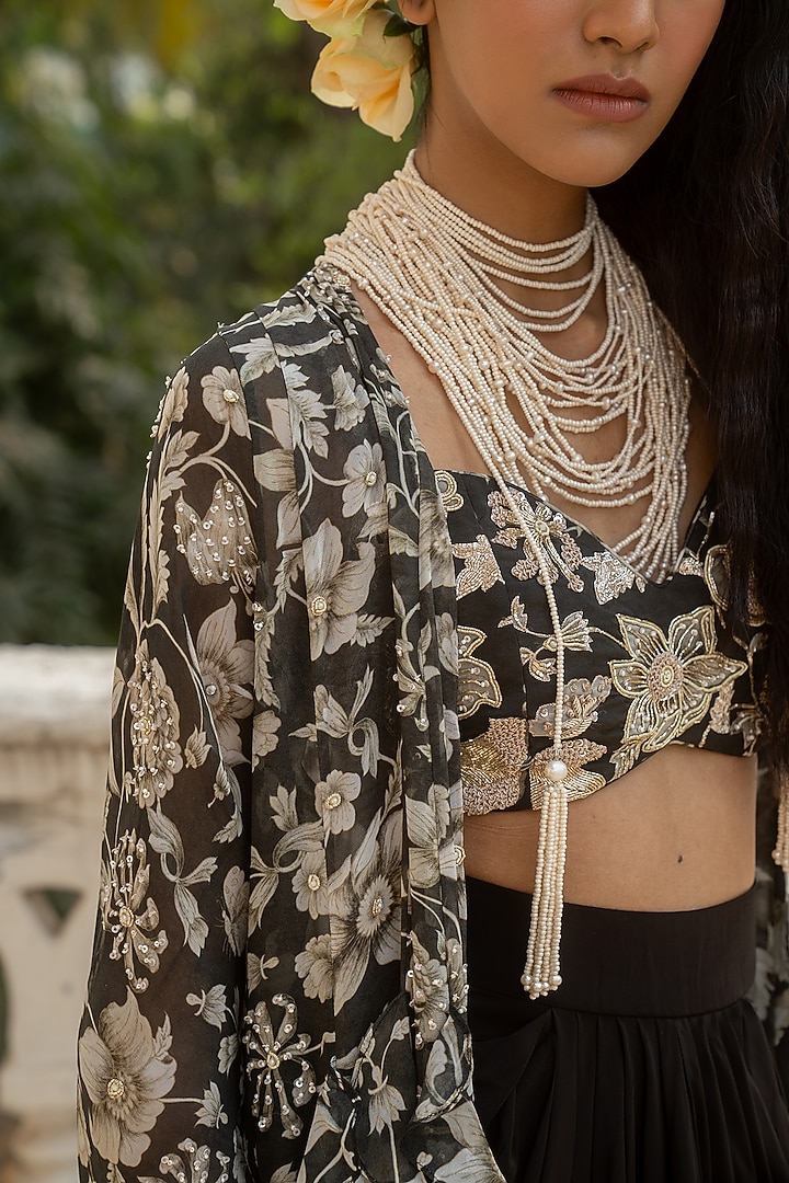 Black Georgette Floral Printed Jacket Set by Paulmi & Harsh at Pernia's Pop Up Shop