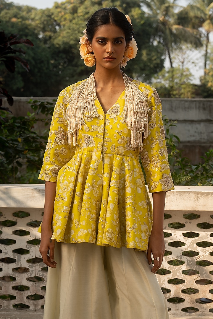 Ivory Cotton Silk Palazzo Pant Set by Paulmi & Harsh at Pernia's Pop Up Shop