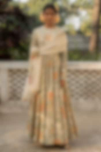 Ivory Chinya Silk Embroidered & Printed Anarkali Set by Paulmi & Harsh at Pernia's Pop Up Shop