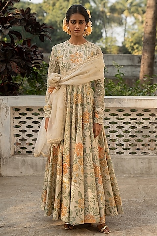 Ivory Chinya Silk Embroidered & Printed Anarkali Set by Paulmi & Harsh