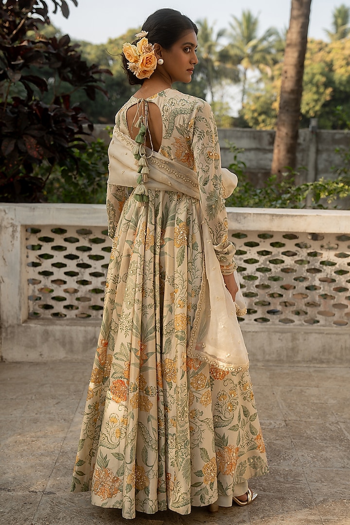 Ivory Chinya Silk Embroidered & Printed Wedding Anarkali Set by Paulmi & Harsh at Pernia's Pop Up Shop