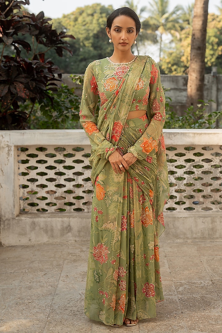 Sage Green Georgette Floral Printed Pre-Draped Saree Set by Paulmi & Harsh