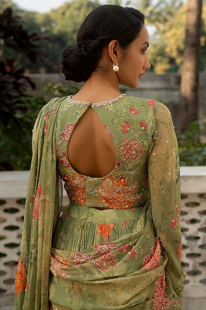 Sage Green Georgette Floral Printed Pre-Draped Wedding Saree Set by Paulmi & Harsh at Pernia's Pop Up Shop