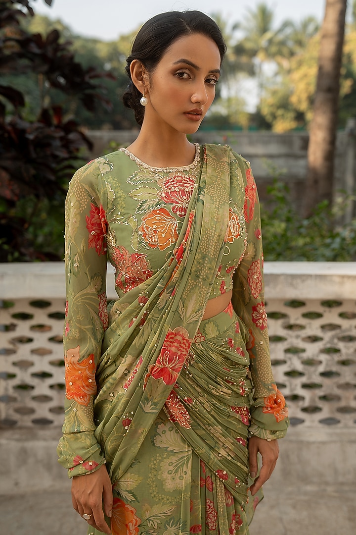 Sage Green Georgette Floral Printed Pre-Draped Wedding Saree Set by Paulmi & Harsh at Pernia's Pop Up Shop