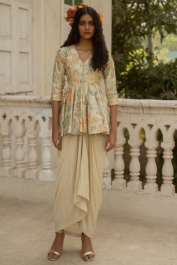 Ivory Chinya Silk Draped Skirt Set by Paulmi & Harsh at Pernia's Pop Up Shop