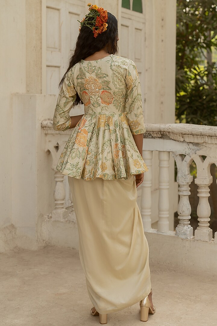 Ivory Chinya Silk Draped Skirt Set by Paulmi & Harsh at Pernia's Pop Up Shop