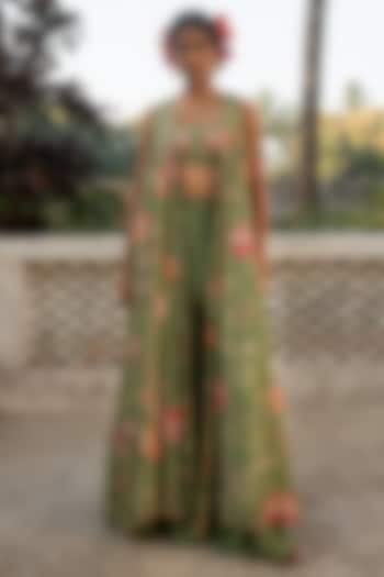 Sage Green Organza Hand Embroidered Jacket Set by Paulmi & Harsh at Pernia's Pop Up Shop