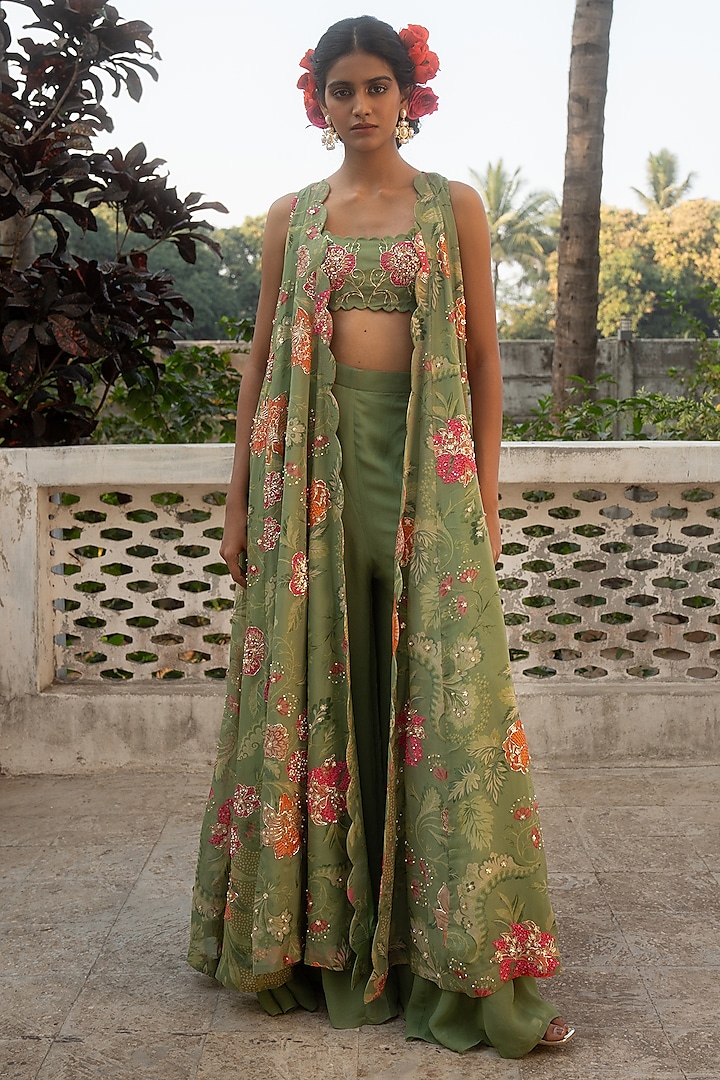 Sage Green Organza Hand Embroidered Jacket Set by Paulmi & Harsh at Pernia's Pop Up Shop