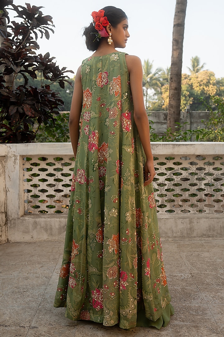 Sage Green Organza Hand Embroidered Jacket Set by Paulmi & Harsh at Pernia's Pop Up Shop