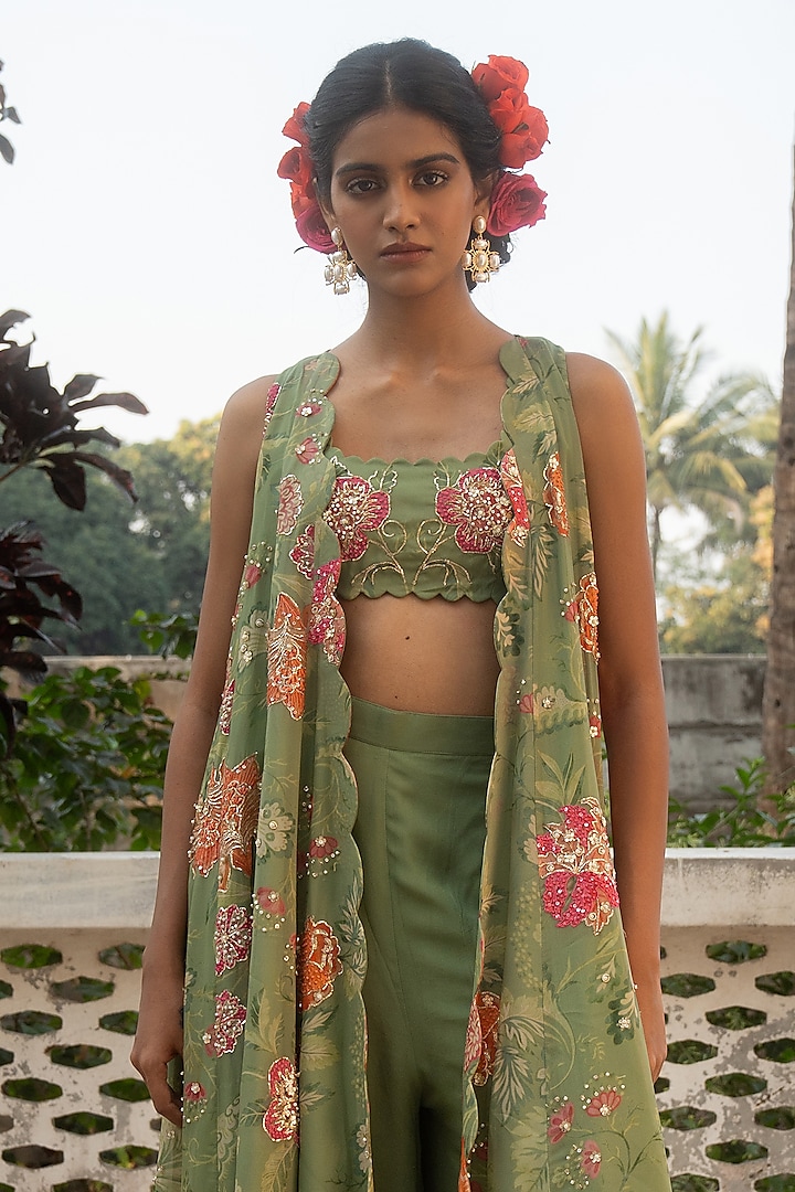 Sage Green Organza Hand Embroidered Jacket Set by Paulmi & Harsh at Pernia's Pop Up Shop
