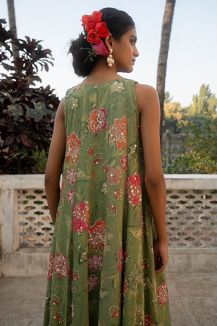 Sage Green Organza Hand Embroidered Jacket Set by Paulmi & Harsh at Pernia's Pop Up Shop