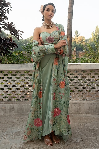 Sage Blue Organza Floral Printed Jacket Set by Paulmi & Harsh