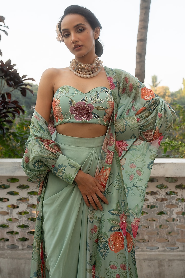 Sage Blue Organza Floral Printed Jacket Set by Paulmi & Harsh at Pernia's Pop Up Shop