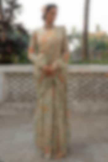 Ivory Georgette Floral Printed & Embroidered Pre-Draped Wedding Saree Set by Paulmi & Harsh at Pernia's Pop Up Shop