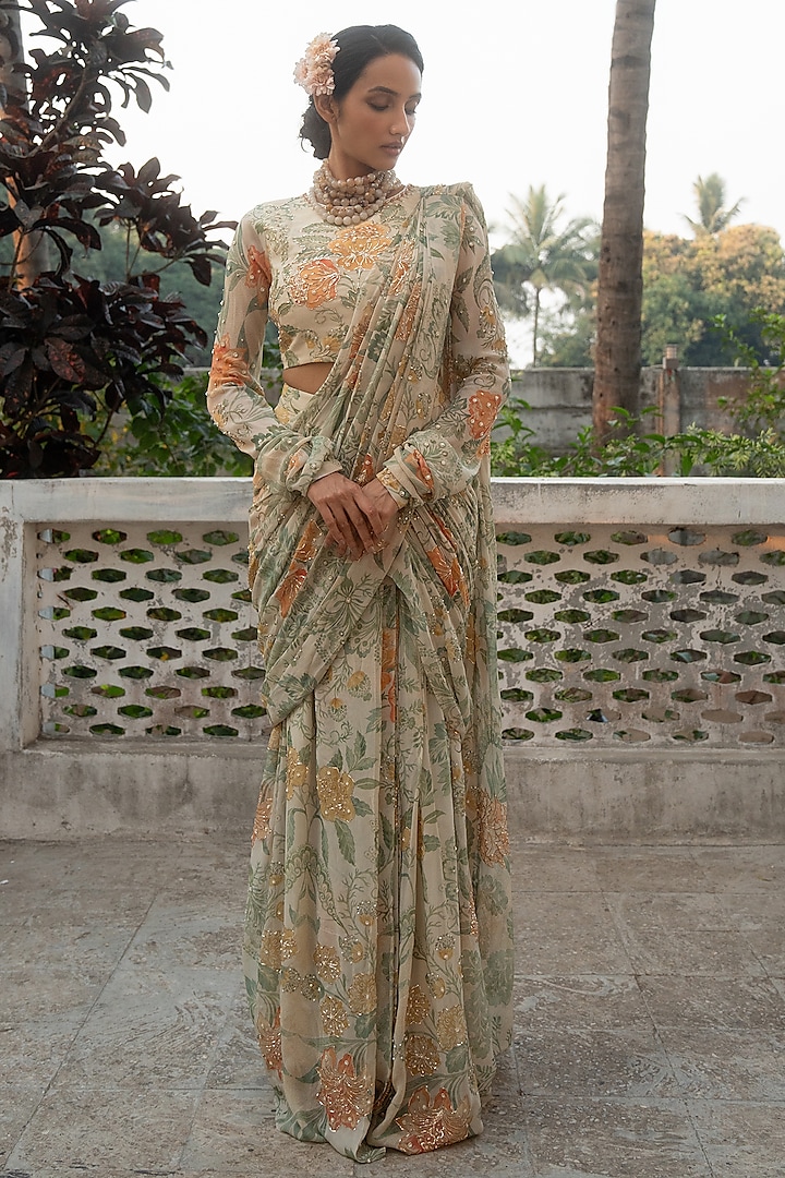 Ivory Georgette Floral Printed & Embroidered Pre-Draped Wedding Saree Set by Paulmi & Harsh at Pernia's Pop Up Shop