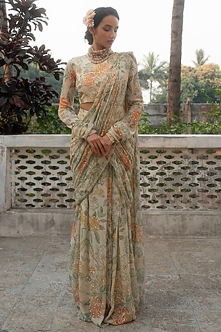 Ivory Georgette Floral Printed & Embroidered Pre-Draped Saree Set by Paulmi & Harsh