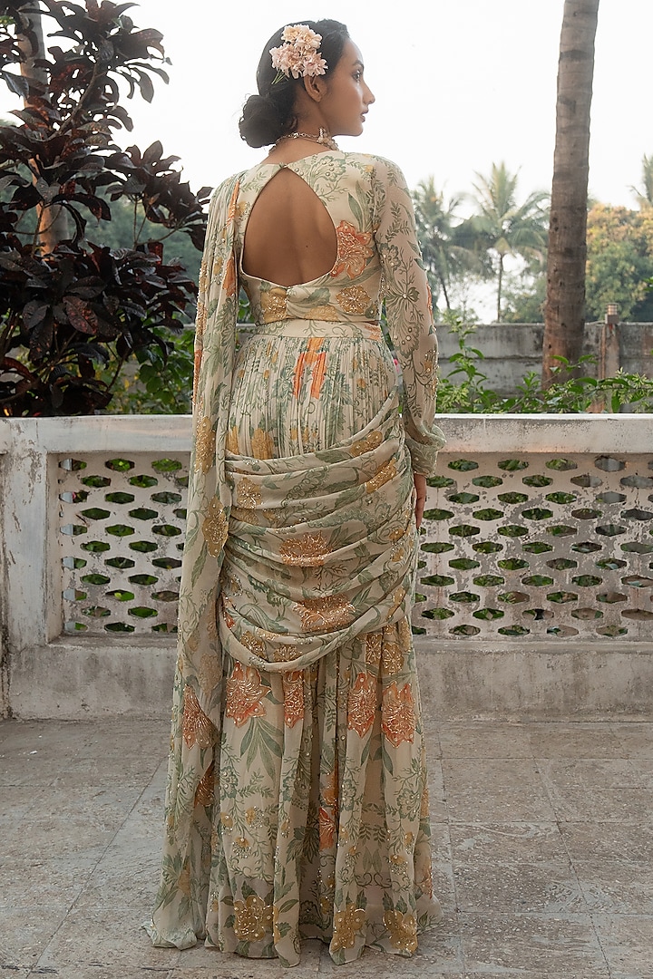 Ivory Georgette Floral Printed & Embroidered Pre-Draped Wedding Saree Set by Paulmi & Harsh at Pernia's Pop Up Shop