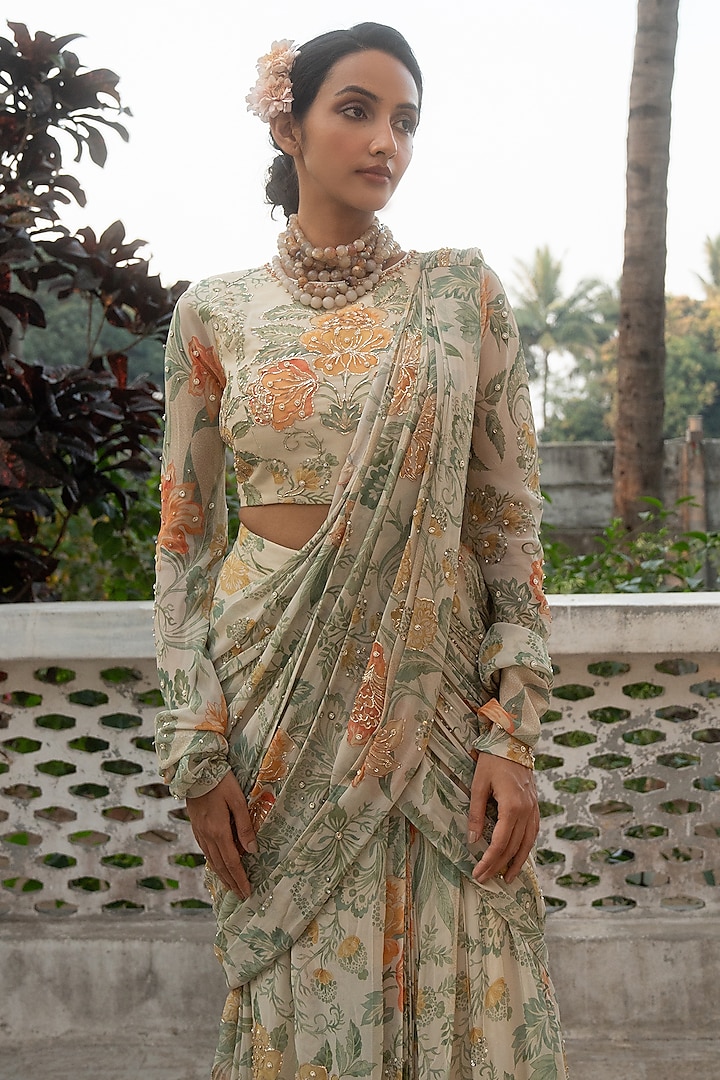 Ivory Georgette Floral Printed & Embroidered Pre-Draped Wedding Saree Set by Paulmi & Harsh at Pernia's Pop Up Shop