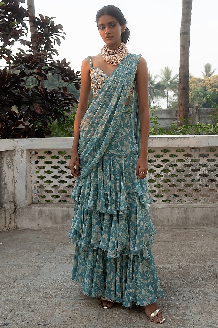 Ice Blue Georgette Floral Printed Pre-Draped Saree Set by Paulmi & Harsh