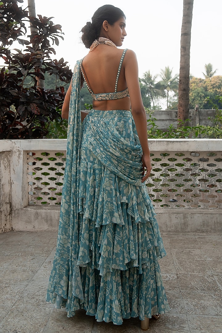 Ice Blue Georgette Floral Printed Pre-Draped Wedding Saree Set by Paulmi & Harsh at Pernia's Pop Up Shop