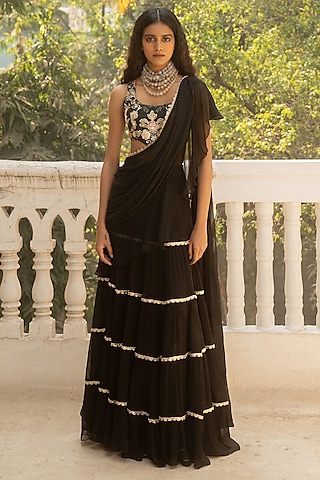 Black Pure Chiffon Pre-Stitched Saree Set by Paulmi & Harsh