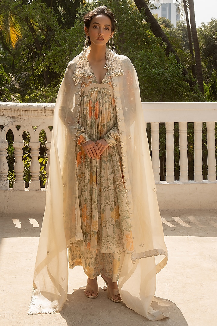 Ivory Malai Chanderi Floral Printed & Embroidered Anarkali Set by Paulmi & Harsh at Pernia's Pop Up Shop