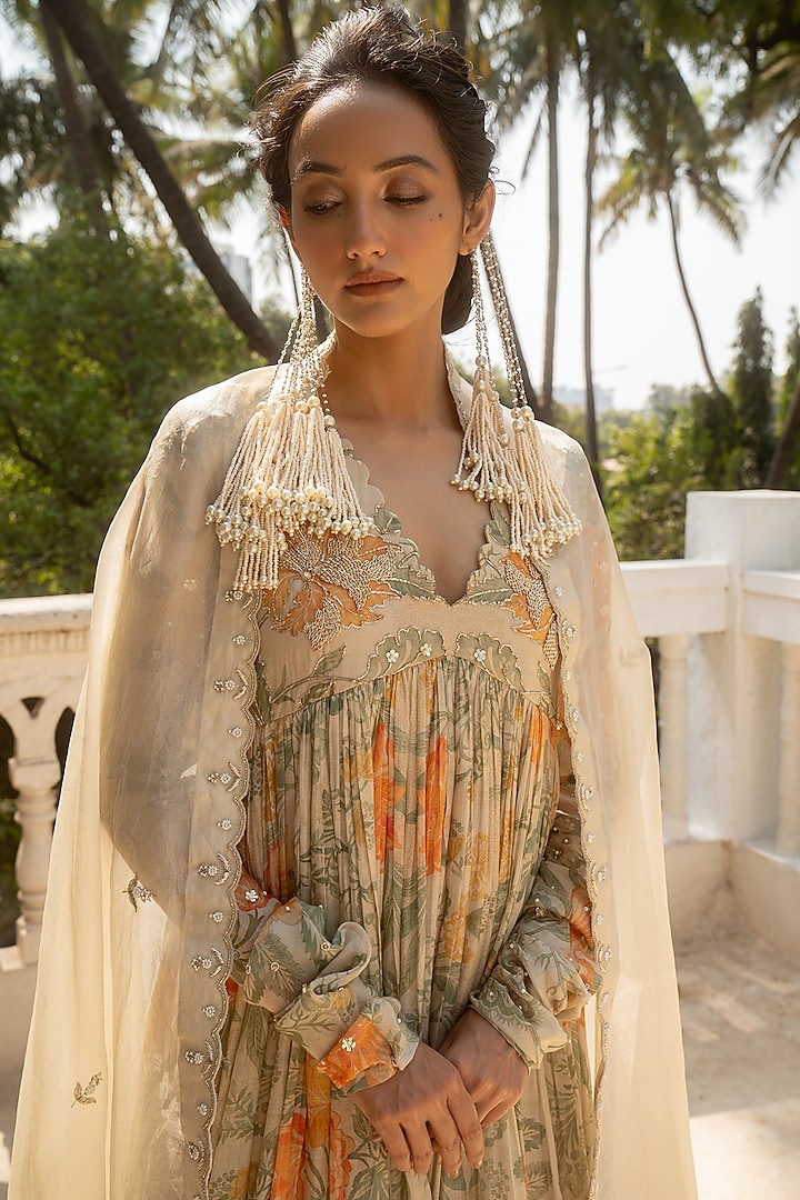 Ivory Malai Chanderi Floral Printed & Embroidered Wedding Anarkali Set by Paulmi & Harsh at Pernia's Pop Up Shop