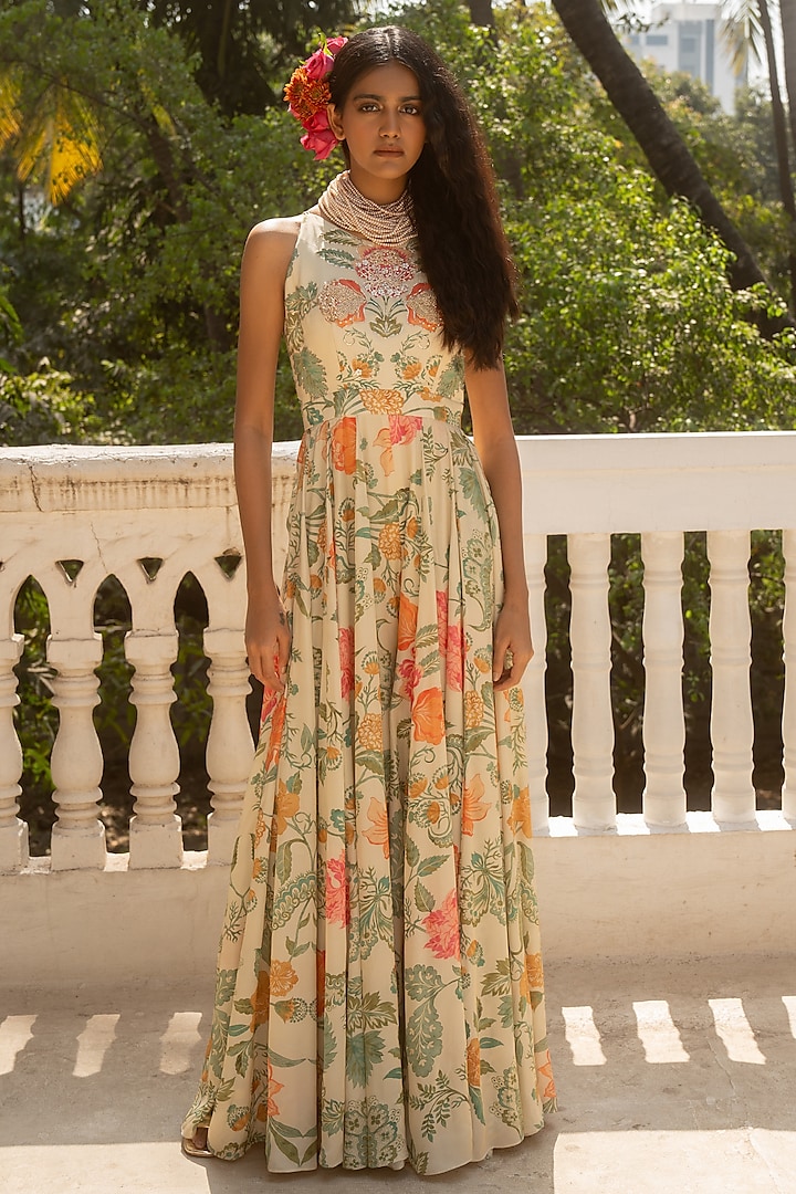 Ivory Crepe Floral Printed & Embroidered Jumpsuit by Paulmi & Harsh at Pernia's Pop Up Shop