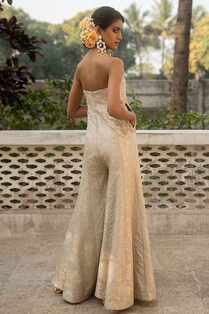 Ivory Russian Jacquard Embellished Jumpsuit by Paulmi & Harsh at Pernia's Pop Up Shop