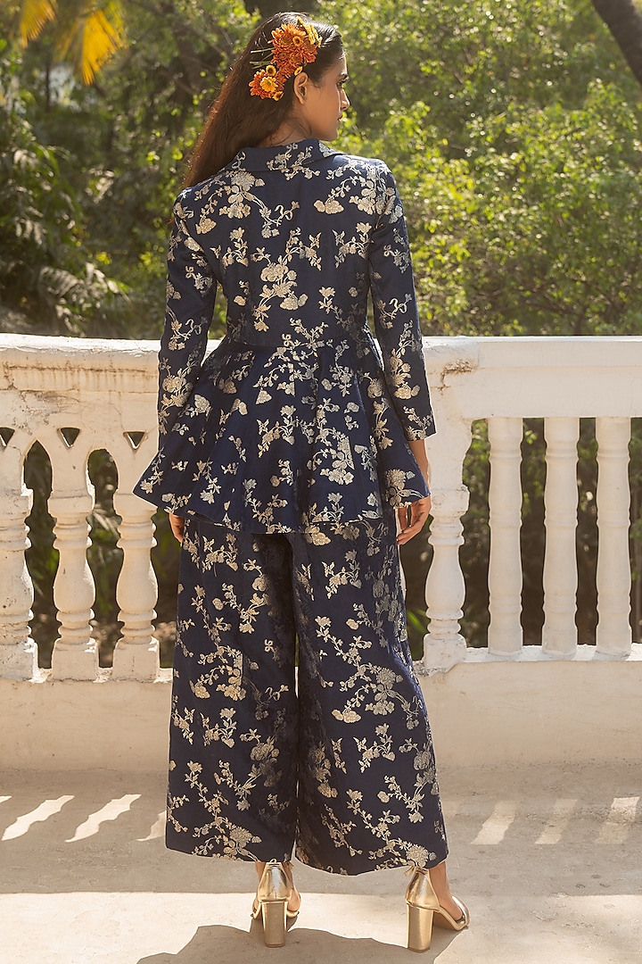 Blue Silver Jacquard Peplum Blazer Set by Paulmi & Harsh at Pernia's Pop Up Shop