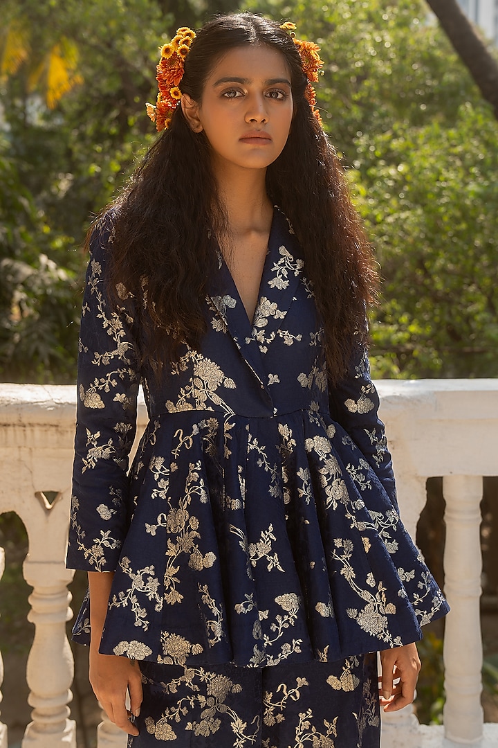 Blue Silver Jacquard Peplum Blazer Set by Paulmi & Harsh at Pernia's Pop Up Shop