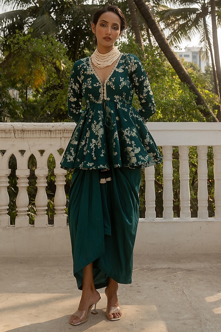 Emerald Green Chinya Silk Draped Skirt Set by Paulmi & Harsh at Pernia's Pop Up Shop