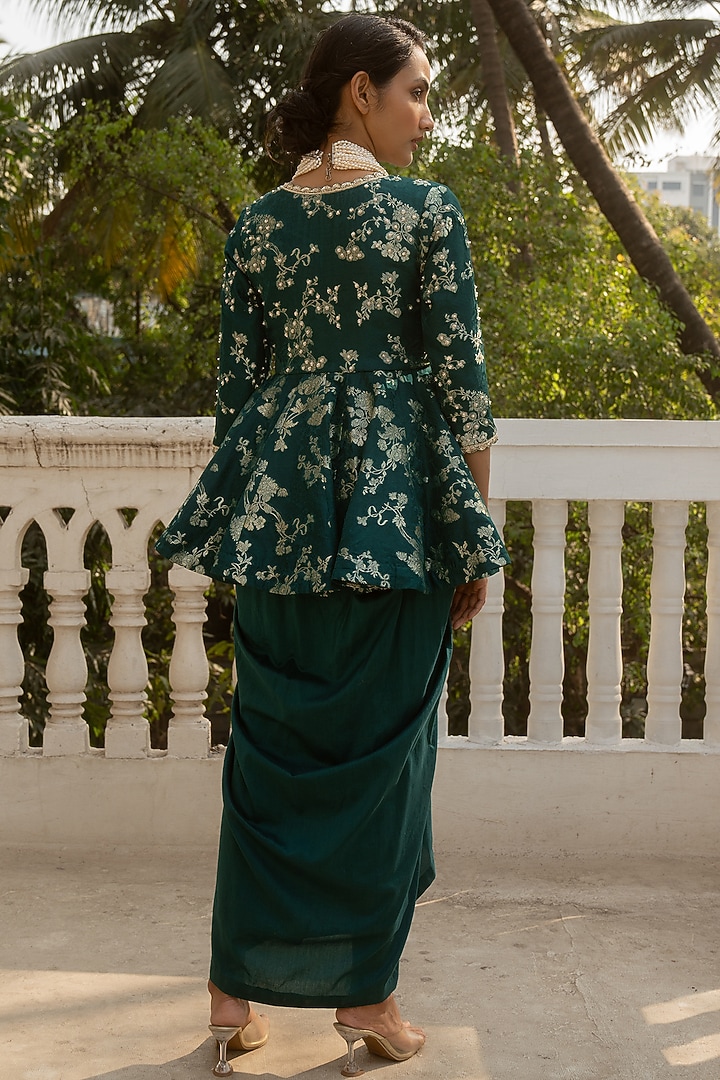 Emerald Green Chinya Silk Draped Skirt Set by Paulmi & Harsh at Pernia's Pop Up Shop