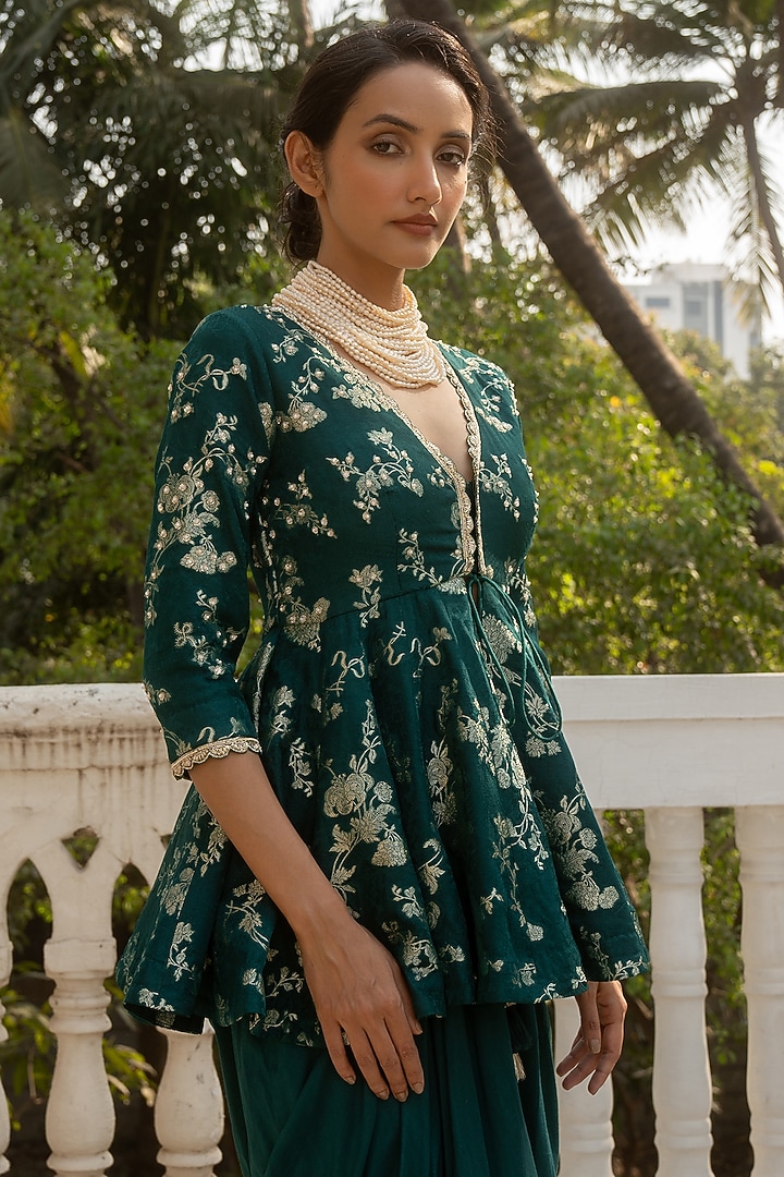 Emerald Green Chinya Silk Draped Skirt Set by Paulmi & Harsh at Pernia's Pop Up Shop