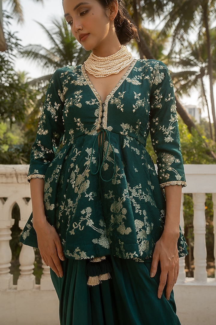 Emerald Green Chinya Silk Draped Skirt Set by Paulmi & Harsh at Pernia's Pop Up Shop
