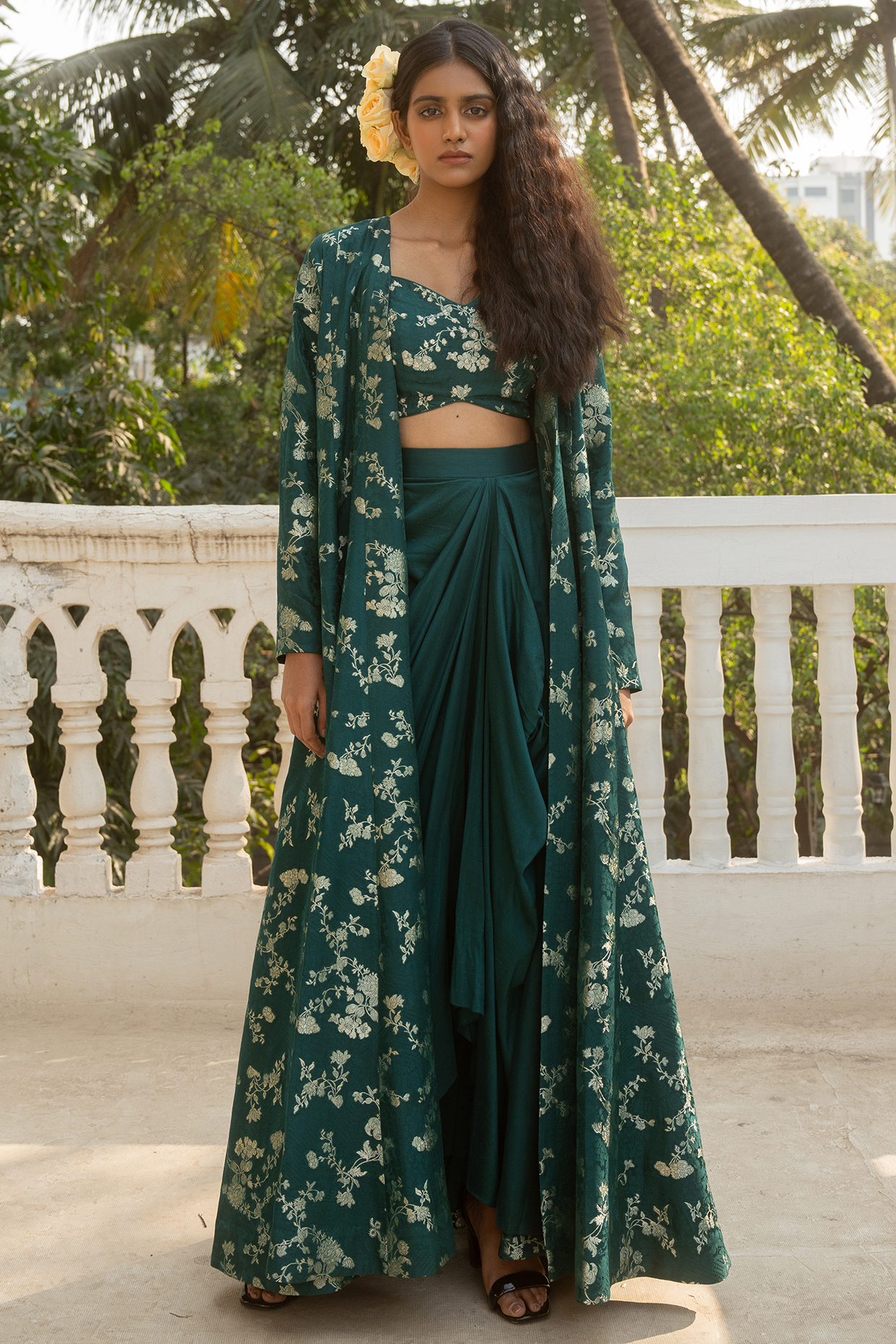 Emerald Green Jacquard Jacket Set by Paulmi & Harsh at Pernia's Pop Up Shop