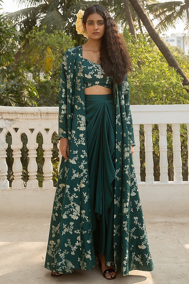 Emerald Green Jacquard Jacket Set by Paulmi & Harsh at Pernia's Pop Up Shop