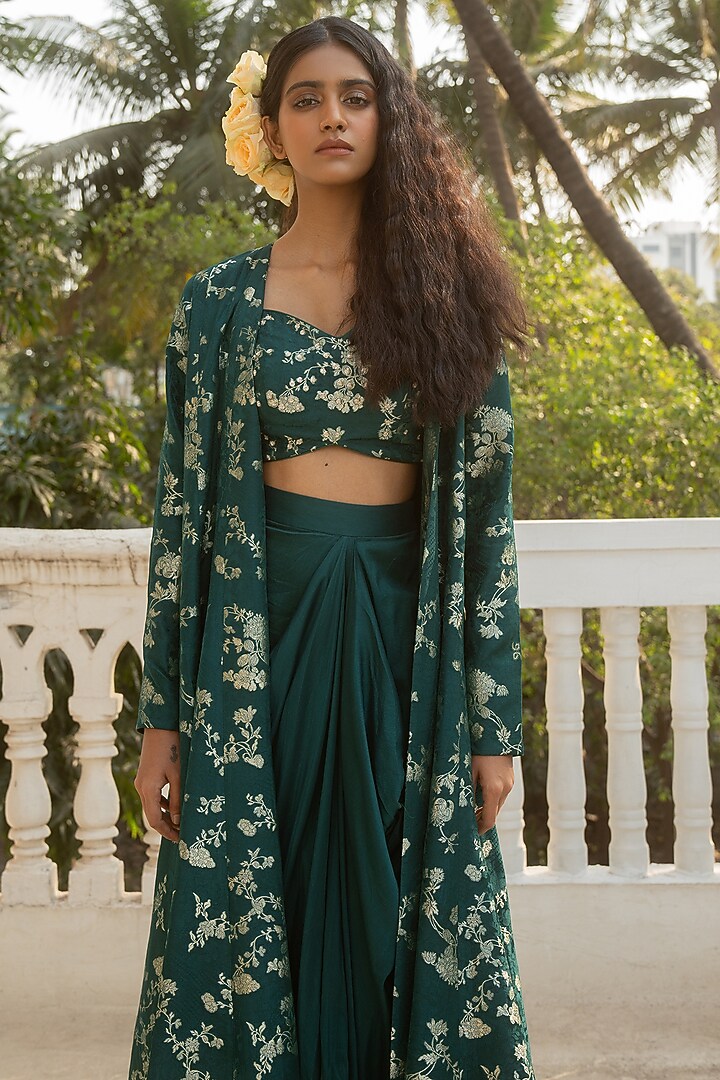 Emerald Green Jacquard Jacket Set by Paulmi & Harsh at Pernia's Pop Up Shop