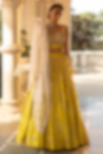 Lime Yellow Jacquard Embroidered Wedding Lehenga Set by Paulmi & Harsh at Pernia's Pop Up Shop