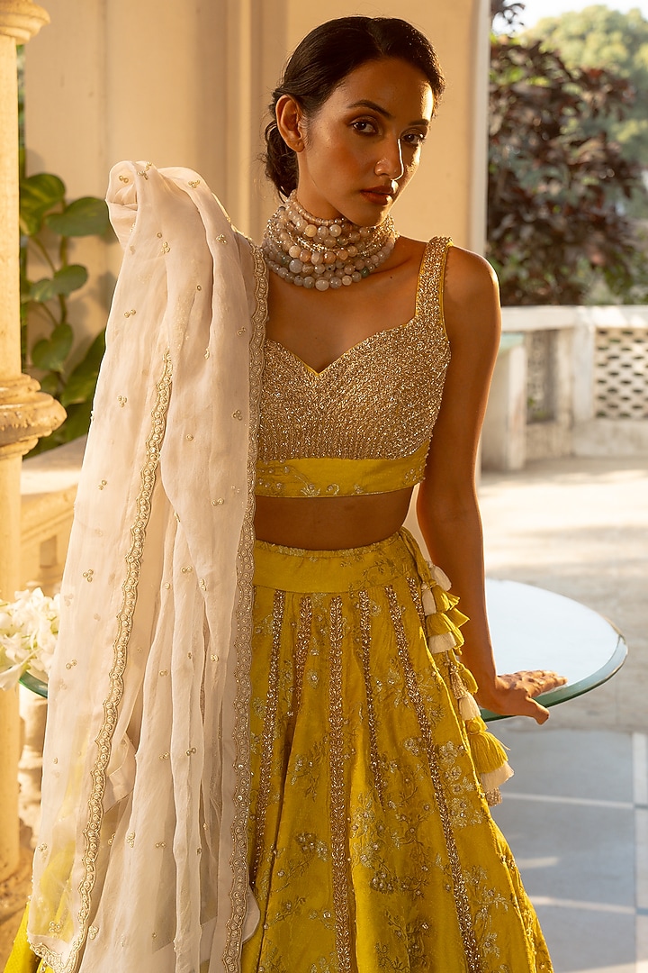 Lime Yellow Jacquard Embroidered Wedding Lehenga Set by Paulmi & Harsh at Pernia's Pop Up Shop