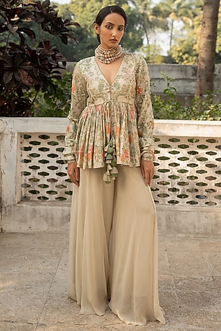 Ivory Georgette Palazzo Pant Set by Paulmi & Harsh
