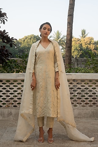 Ivory Jacquard Kurta Set by Paulmi & Harsh