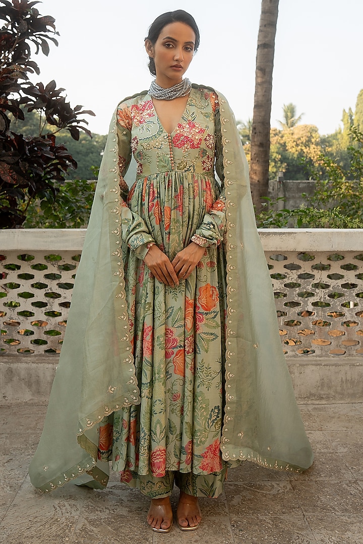 Sage Blue Chinya Silk Embroidered & Floral Printed Anarkali Set by Paulmi & Harsh