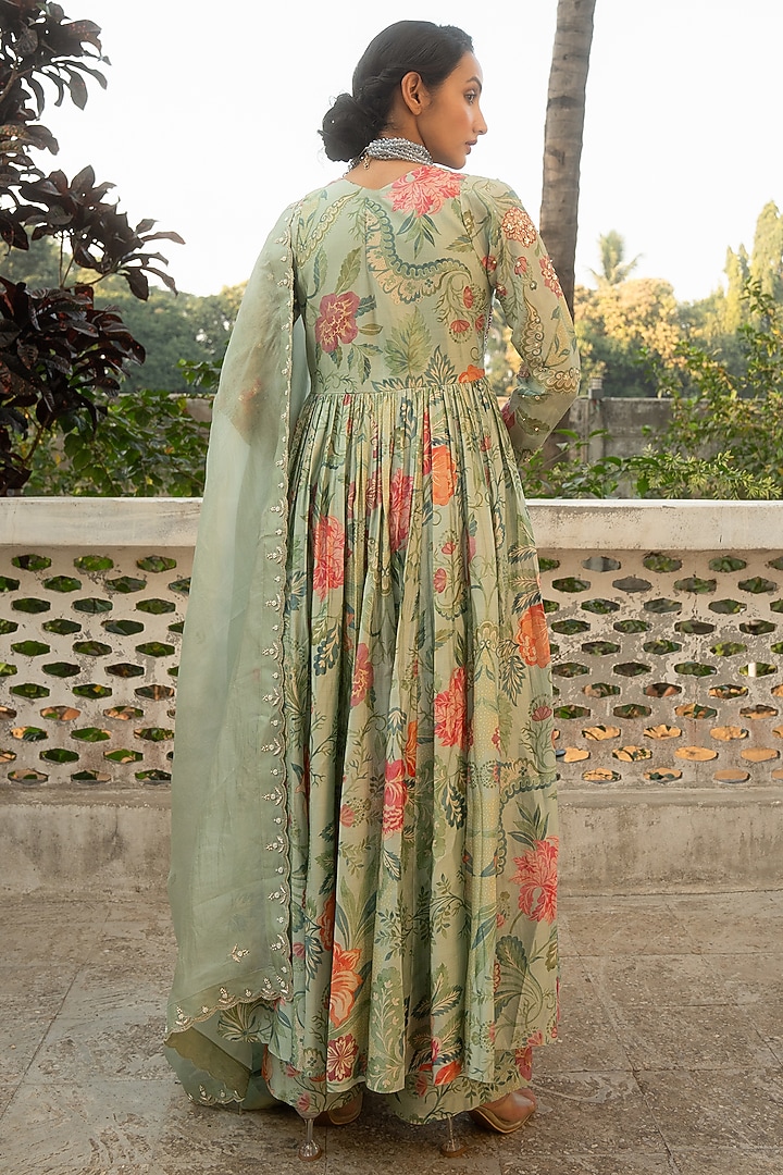 Sage Blue Chinya Silk Embroidered & Floral Printed Party Wear Anarkali Set by Paulmi & Harsh at Pernia's Pop Up Shop
